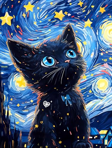 SANYUN Cat Diamond Art Kits for Adults, Starry Night Black cat, 12x16 inch | Fun DIY Crafts for Beginners, Round Diamond Art Canvas, Animal Gem Art painting, Creative Home Office Decor and Festival Gift - color: B-001 Black Cat