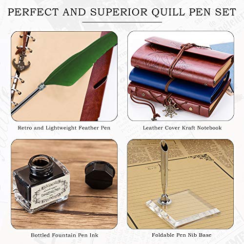 GCCL Quill Pen and Ink Set, Antique Feather Dip Calligraphy Pen Set, including Feather Pen, 5 Replacement Nibs, Pen Nib Base, Notebook, Ink, Gift Box, Best Gifts for Men Dad (Green) - color: Green