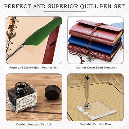 GCCL Quill Pen and Ink Set, Antique Feather Dip Calligraphy Pen Set, including Feather Pen, 5 Replacement Nibs, Pen Nib Base, Notebook, Ink, Gift Box, Best Gifts for Men Dad (Green) - color: Green