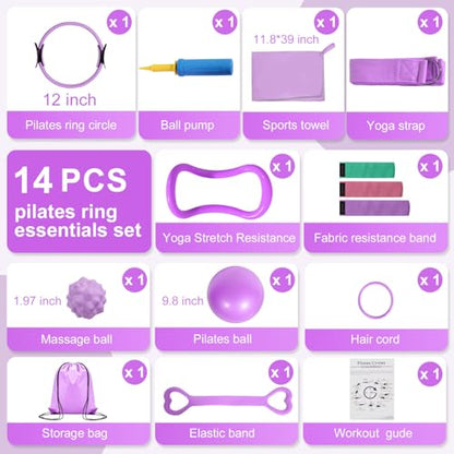 Pilates Ring Set with Resistance Bands– Anti-Slip Magic Circle Pilates Ring for Home Workouts, Full-Body Toning, Strength Training for Women 14PCS - color: Purple