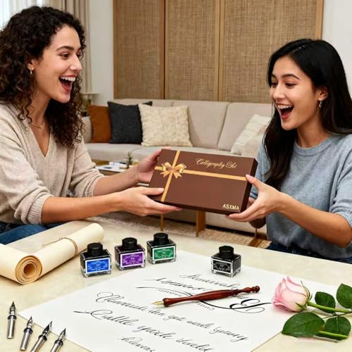 Calligraphy Pen Set – Includes Wooden Dip Pen, Antique Brass Holder, 11 Nibs, 4 Colors Ink Bottles and Beginner's Manual-for Beginners and Calligraphy Lovers - color: Red