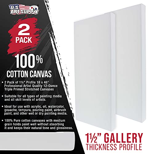 U.S. Art Supply Large Stretched Canvas for Painting 18x48 inch Gallery Depth 1-1/2" Thick, 2-Pack - 12oz Acrylic Gesso Triple Primed, Professional Artist Quality, 100% Cotton - Oil, Pouring Paint - size: 18" x 48"