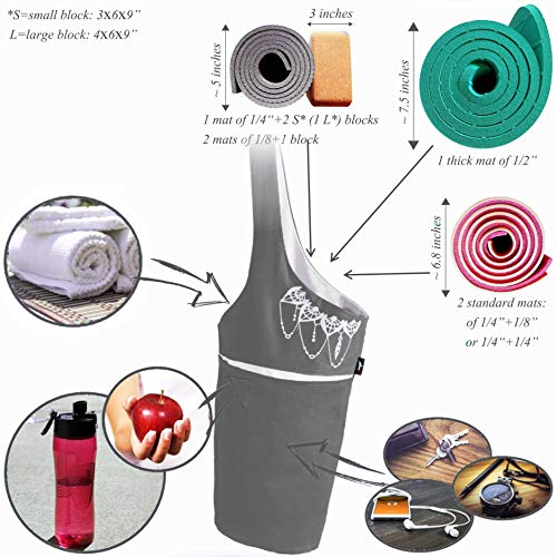Yoga Mat Bag & Carrier with Pockets for Women | Holds yoga & pilates mats up to 72 in, Fits thick mats, Water bottle & zip pockets, 2 mat straps included, Gift-boxed - color: Gray & White