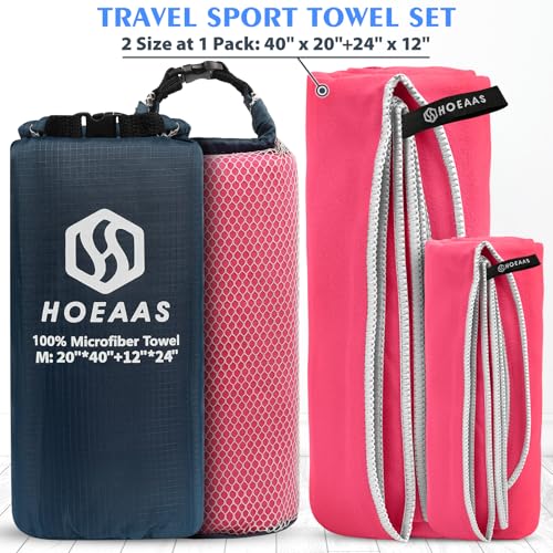 HOEAAS 2 Pack Microfiber Camping Towels, Quick Dry Towel, Super Absorbent Ultra Compact Travel Towel Soft Lightweight Sports Towel for Sweat Fast Drying Towels for Pool,Gym,Hiking,Backpacking,Fitness - color: Hot Pink, size: M: 40" x 20"+24" x 12"