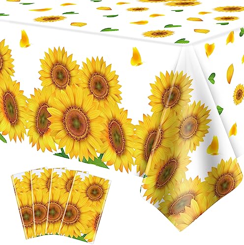 4 Pack Sunflower Tablecloth 51 x 86 Inch Plastic Rustic Sunflower Tablecloth Sunflower Party Tablecloth Sunflower Birthday Party Table Cloth Sunflower Table Covers for Indoor Outdoor Party Decorations - color: White&yellow