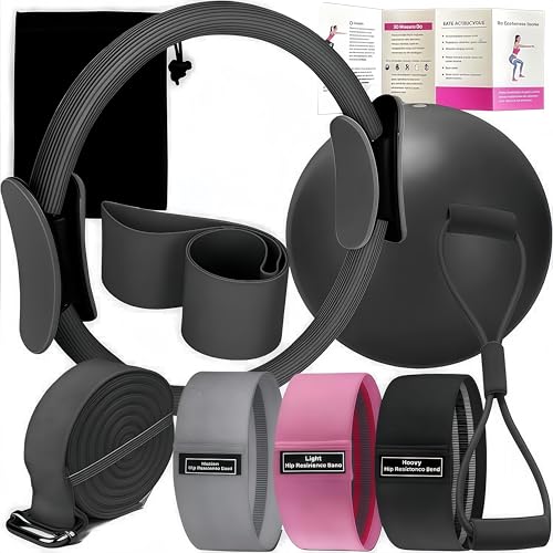 Pilates Set – Home Pilates Equipment for Women Kit with Magic Circle Pilates Ring and Ball Set, Resistance Bands & Massage Balls & Exercise Bands for Toning，Flexibility & Core Strength - color: Black