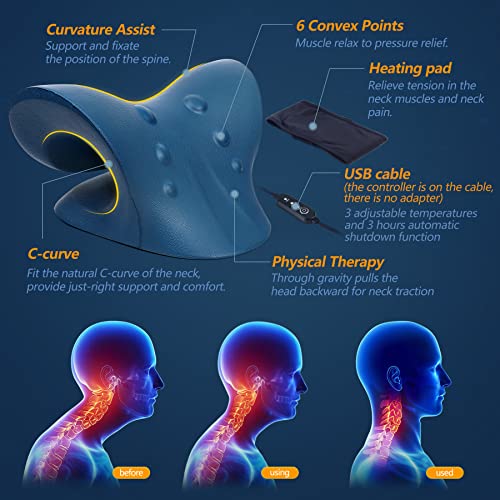 Neck Stretcher for Neck Pain Relief, Heated Cervical Traction Device Pillow with Graphene Heating Pad, Neck and Shoulder Relaxer for TMJ Pain Relief and Cervical Spine Alignment (Dark Blue) - color: Dark Blue