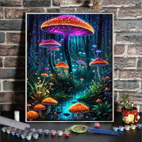 ldazao Paint By Numbers Kit for Adults Beginner Mushroom Paint By Number Kits On Canvas Mushrooms Forest Adults' Paint-By-Number Kits DIY Oil Painting Kits for Gift Wall Decor 16x20 Inch - color: DD050