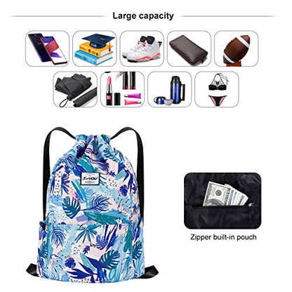 XEYOU Drawstring Backpack Bag Sport Gym Sackpack Beach Cinch Bag | Lightweight Swimming Bag, Water-Resistant Fabric, Travel Daypack for Women and Men - color: Blue Leaves