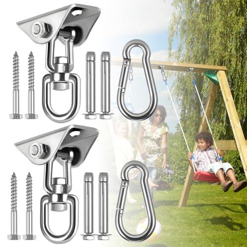 2-Pack Hammock Hanging Kit, 360-Degree Swivel Heavy-Duty Swing Hooks, Supports 1200 lbs, Stainless Steel Swing Hardware for Hammocks, Playgrounds, Yoga, Chairs & Heavy Bag. Installs on Concrete/Wood.