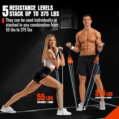 Resistance Bands with Handles, 175lb Exercise Bands for Working Out - color: 375LBS Black Orange