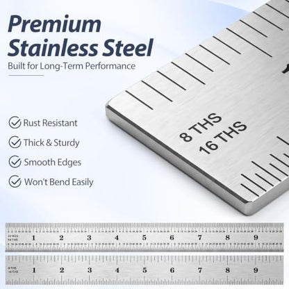 EBOOT 2 Pcs Stainless Steel Ruler Machinist Engineer Ruler with Markings 1/8, 1/16, 1/32, 1/64 Inch for Engineering, School, Office, Architect, and Drawing (10 Inch) - size: 10 Inch