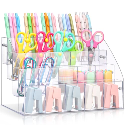 Cinnvoice Acrylic Pen Organizer 4 Tier 20 Compartments Clear Vertical Marker & Pencil Holder Large Desk Stationery & Art Supply Storage for Desk, Office, School, Easy Assembly, 10.4 x 7.1 x 7.5 Inch