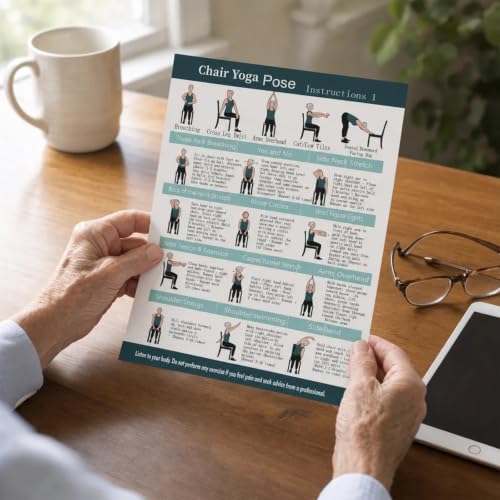 Chair Yoga Exercise Posters 4 Pack Seated Workout Charts for Seniors Beginners 8x10 Inch Fitness Guides for Flexibility Strength Physical Therapy Home Use (Green)