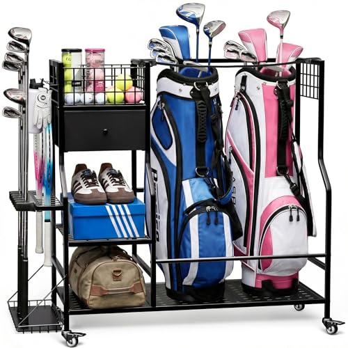 Faesun Golf Bag Organizer for Garage, Golf Bag Storage Rack with 6 Club Slots, Golf Club Organizer with Fabric Drawer & Wheels, Golf Storage Organizer Holds 2 Bags, Golf Rack Storage System - size: Pro(Medium)