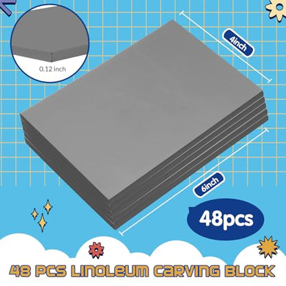 MotiMind 48 Pcs 4"x6" Linoleum Block Rubber Stamp Carving Blocks | Soft Gray Linocut Blocks Bulk, Linoleum Blocks for Printmaking, Back to School Supplies, Fit for Crafting, Tamp Maker Project