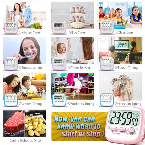 Antonki 2 Pack Classroom Timers for Kids Teachers, Magnetic Countdown Digital Kitchen Timer for Cooking, Study, Exercise, Games, Time Mangement - Loud/Silent Mode - Battery Included - color: 2* Pink & Purple ( Girls Favorite )