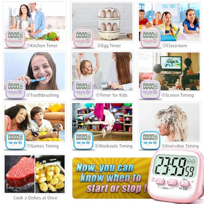 Antonki 2 Pack Classroom Timers for Kids Teachers, Magnetic Countdown Digital Kitchen Timer for Cooking, Study, Exercise, Games, Time Mangement - Loud/Silent Mode - Battery Included - color: 2* Pink & Purple ( Girls Favorite )