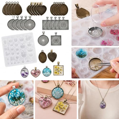 Resin Casting Mold Jewelry Making Kit with 30 Metal Pendant Trays and Silicone Mold, Heart Teardrop Round Oval Square Shapes for DIY Earrings Necklaces Bracelets Crafts Gifts