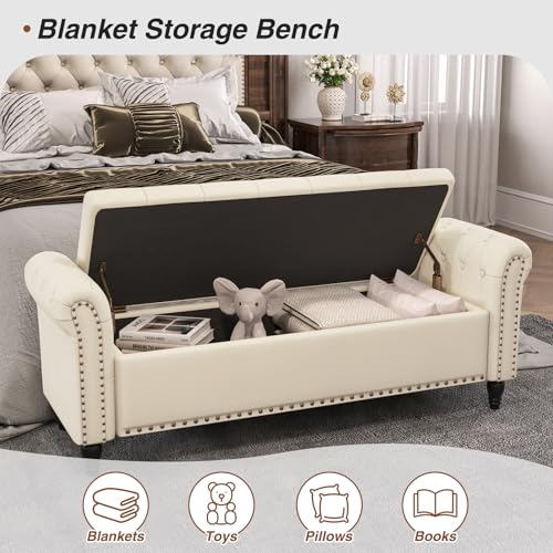 FiveWillowise 65" Bedroom Bench,End of Bed Bench with Storage,Cream Yellow - color: Cream White, size: 65-inch