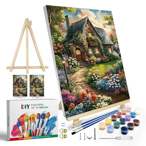 JOOZ Paint by Numbers Kit for Adults with Frame, Landscape Paint by Number Canvas, House Flowers Paint by Number with Easel, DIY Acrylic Oil Painting Kit for Home Wall Decor 8 x 12 Inch - color: Flowers House
