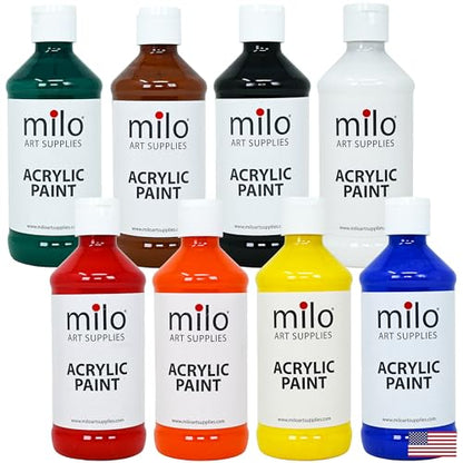 milo Acrylic Paint Set, 8 Primary Colors, 8 oz Bottles, Semi-Gloss | Safe, Non-Toxic, Made in the USA, Arts & Crafts Paints for Artists, Student & Hobby Painters, Paint Pack, Classroom, Bulk - style: Primary Set 8 x 8 oz