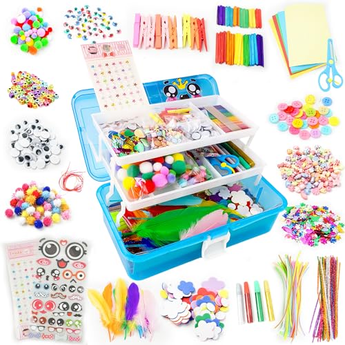SMILESSKIDDO Kids Arts and Crafts, 1000+ PCS Craft Kits with Storage Box | Portable 3-Layer Folding Storage Box, 1000+ Pcs DIY Craft Supplies, School Craft Projects, Gifts for Girls Ages 4-12 - color: blue