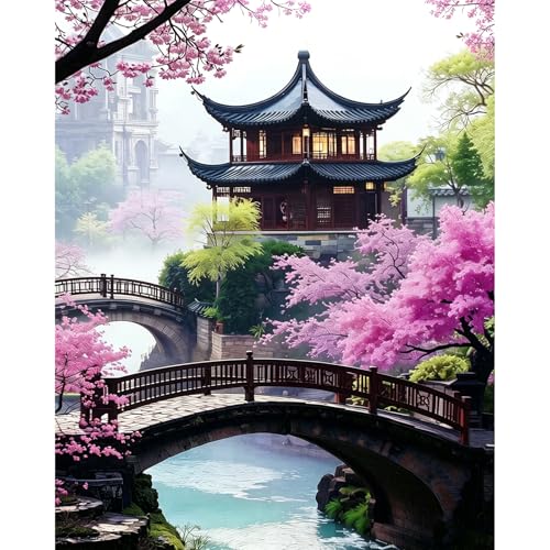 Cherry Blossom Paint by Numbers Kit for Adults with 32 Colors 16x20inch | Cherry Blossom Paint by Number Adult, Japanese Scenery Painting by Numbers for Adults, Expert Level DIY Acrylic Paint Kit - color: Cherry Blossom, size: 16x20inch