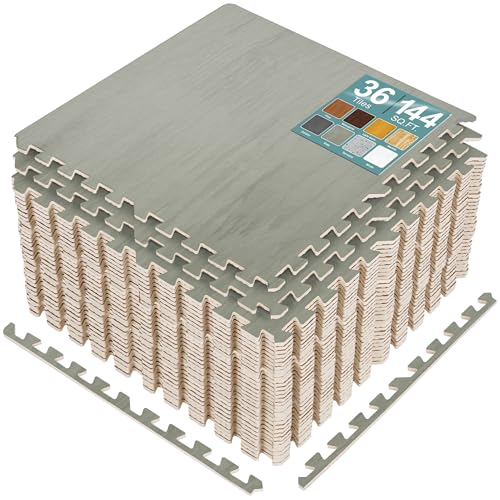 Sorbus Interlocking Wood Grain Foam Floor Tiles (36 Pack, Grey) | 3/8-inch EVA floor mats create cushioned foam flooring for playrooms, basements, apartments, trade shows and baby spaces. - color: Grey, size: 36 Pack