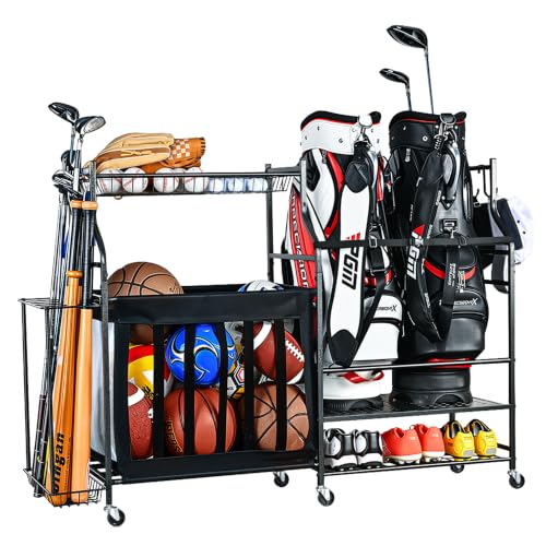 PLKOW Rolling Ball Storage Rack and Sports Equipment Organizer, Black | Stores 8–10 balls, 2 golf bags, shoes, helmets, and sports gear with baskets and lockable swivel wheels. - color: Black, 56.2"Lx15.4"Wx37.2"H