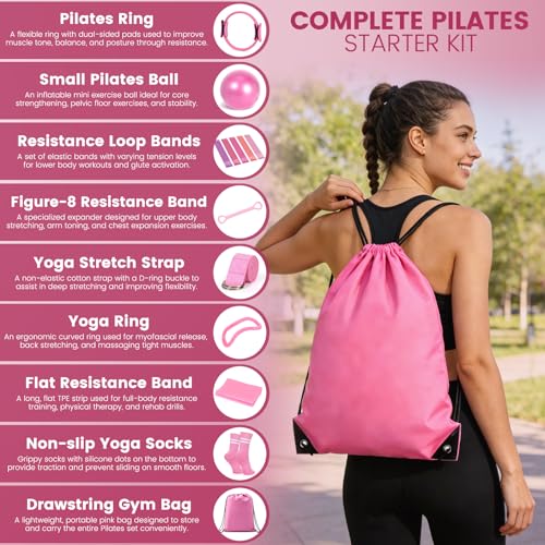 Pilates Kit for Women 13PCS, Pilates Ring Ball Resistance Bands Workout Set | Pilates equipment set for women and beginners, at home pilates kit for mat workouts, toning, stretching and strength training - color: Pink