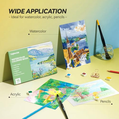 Lightwish Watercolor Coloring Book for Adults & Beginners,100% Cotton 300gsm/140lb Acid-Free Hot Press Paper, 8.3 x 5.6 Inches,15 Sheets,Landscape-Themed - color: Landscape-Themed