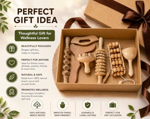 7-in-1ct, Wood Therapy Kit for Lymphatic Drainage, Maderoterapia Wooden Massager, Anti Cellulite Body Sculpting Roller, Body Contouring Tool for Waist, Legs & Back