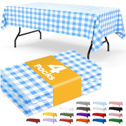 Niuara Blue Checkered Plastic Table Cloth Disposable, 4 Pack, 54 x 108 in | Rectangle, 6 ft Tables, Party Picnic Gathering - color: Blue Checkered, size: 54" x 108" - 4 Packs