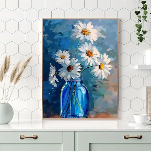 Ohhvvow White Daisy Diamond Art Painting Kits for Adults, Full Drill Blue Vase Flower Diamond Dots Paintings for Beginners, Blue Round 5D Paint with Diamonds Painting Kits for DIY Crafts, 12x16 Inch - color: White flower