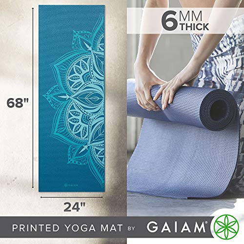 Gaiam, 요가 매트 - 프리미엄 6mm 프린트, 매우 도톰한 소재. 미끄럼 방지, 모든 유형의 요가, 필라테스 및 바닥 운동을 위한 운동 및 피트니스 매트(길이 172.7cm (68 인치) x 너비 61cm (24 인치) x 6mm 두께) - color: 인디고 포인트