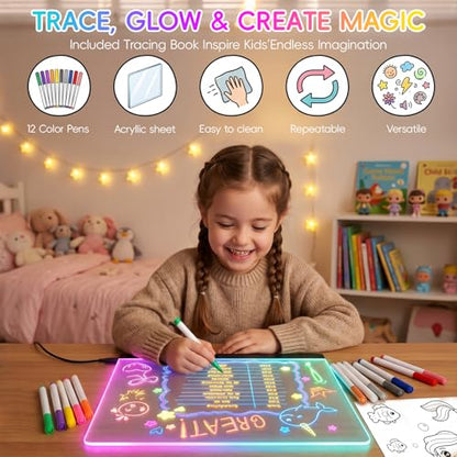 16" LED Drawing Board for Kids, Light Up Glow Doodle Pad with 12 Markers, Tracing Book & Cleaning Cloth, USB-C Acrylic Dry Erase Note Board Toy Gifts for Girls Boys Age 3-12