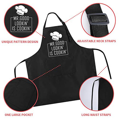 Rosoz Funny BBQ Black Chef Aprons for Men, Mr Goodlookin' is Cookin' | Adjustable Kitchen Cooking Aprons, Waterproof Oil Proof ,2 Pockets, Long Ties, Dad Gifts for Birthday Father's Day Christmas