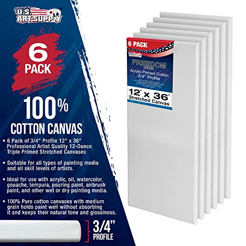 U.S. Art Supply 12 x 36 inch Stretched Canvas for Painting, 12oz Triple Primed, 6-Pack - Professional Artist Quality White Blank 3/4" Profile, 100% Cotton, Heavy-Weight Gesso - Acrylic Pouring, Oil - size: 12" x 36"