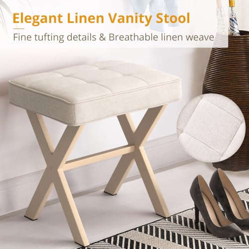 LUE BONA Square Linen Makeup Stool, Metal X Legs, Small Ottoman Stool Chair for Vanity, Modern Padded Seat Foot Rest for Makeup Room, Bathroom - color: Linen Color-sand Legs