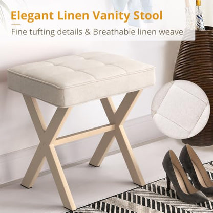 LUE BONA Square Linen Makeup Stool, Metal X Legs, Small Ottoman Stool Chair for Vanity, Modern Padded Seat Foot Rest for Makeup Room, Bathroom - color: Linen Color-sand Legs