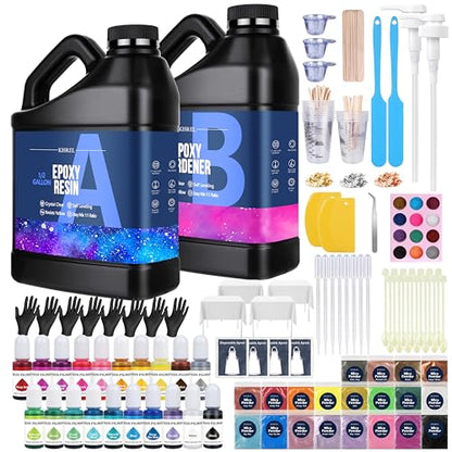 KISREL Epoxy Resin 1 Gallon - Clear Epoxy Resin Kit with 20 Pigments and 20 Colors of Mica Powders - No Yellowing No Bubble Casting Resina for Art Crafts, Jewelry Making & Resina Molds(1/2 Gallon x 2) - size: 1Gallon
