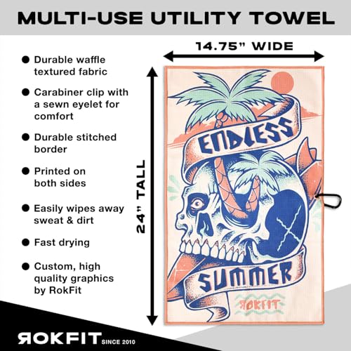 RokFit Gym & Golf Towel – Multi-Use, Quick-Dry, Durable Utility Towel with Bold Graphic and Carabiner Clip (Endless Summer) - color: Endless Summer