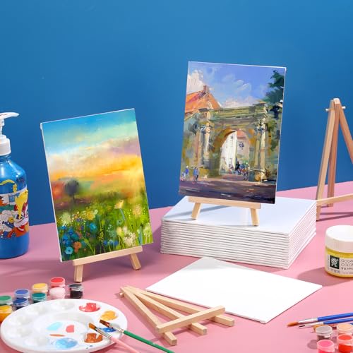 Motimind 36 Pcs 6 x 8 Mini Canvas and 8" Easel Set Bulk for Paint Party | Painting Art Crafts for Back to School Classroom Birthday Valentine Christmas Mother's Day End of School Year Gifts - size: 6 x 8 Inch