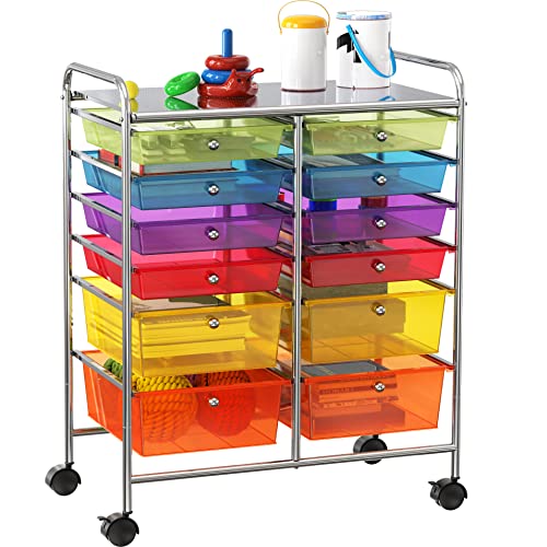 Simple Houseware 12 Drawers Rolling Utility Cart Organizer, Multicolor | 2-Column, 32" Height, Lockable Wheels, for School, Office, Art Craft, and Paper Storage - color: Multicolor, size: 12 Drawers