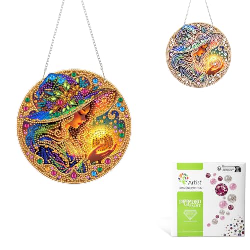 Halloween Witch Diamond Art Painting Kits for Adults Beginners Hanging Pendent, DIY 5D Special Shaped Crystal Diamond Painting Kits Ornament for Gift Home Wall Door Decor 8×8 Inch, Happy Halloween - color: XSL075