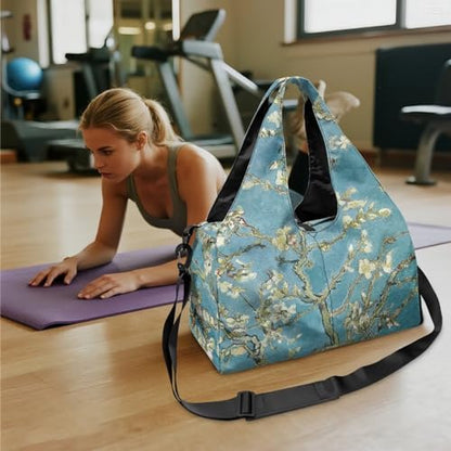 Yoga Gym Bag with Removable Adjustable Shoulder Strap, Shoe Compartment & Top Yoga Mat Holder 17.72x8.66x9.84in - color: Almond Blossom Tree Print