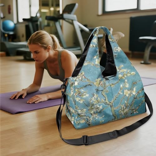 Yoga Gym Bag with Removable Adjustable Shoulder Strap, Shoe Compartment & Top Yoga Mat Holder 17.72x8.66x9.84in - color: Almond Blossom Tree Print