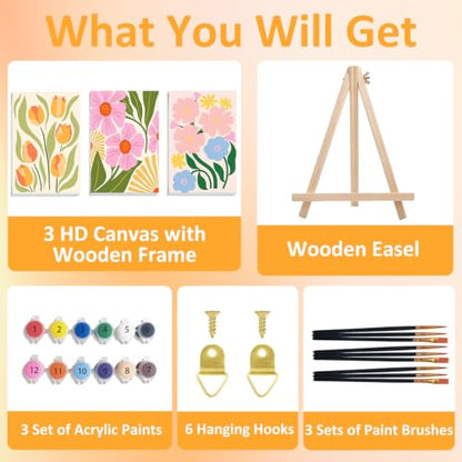 Mandun 3 Pack Paint by Numbers Kit for Adults with Frame, Easy Flower Paint by Numbers, Adult Gift Craft Kits 7.8x11.8 Inch with Frame and Easel - color: 3 Pack Simple Flowers