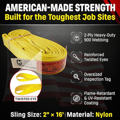 DD Sling (USA Made). 2" wide X (4' to 20' lengths) in Listing! 2 Ply Twisted Eye, Nylon Lifting Slings, Eye & Eye, Heavy Duty (900 webbing), 6,400 lbs Vertical, 5,100 Choker, 12,800 Basket Load Capacity (2inX16ft) - size: 2 in x 16 ft